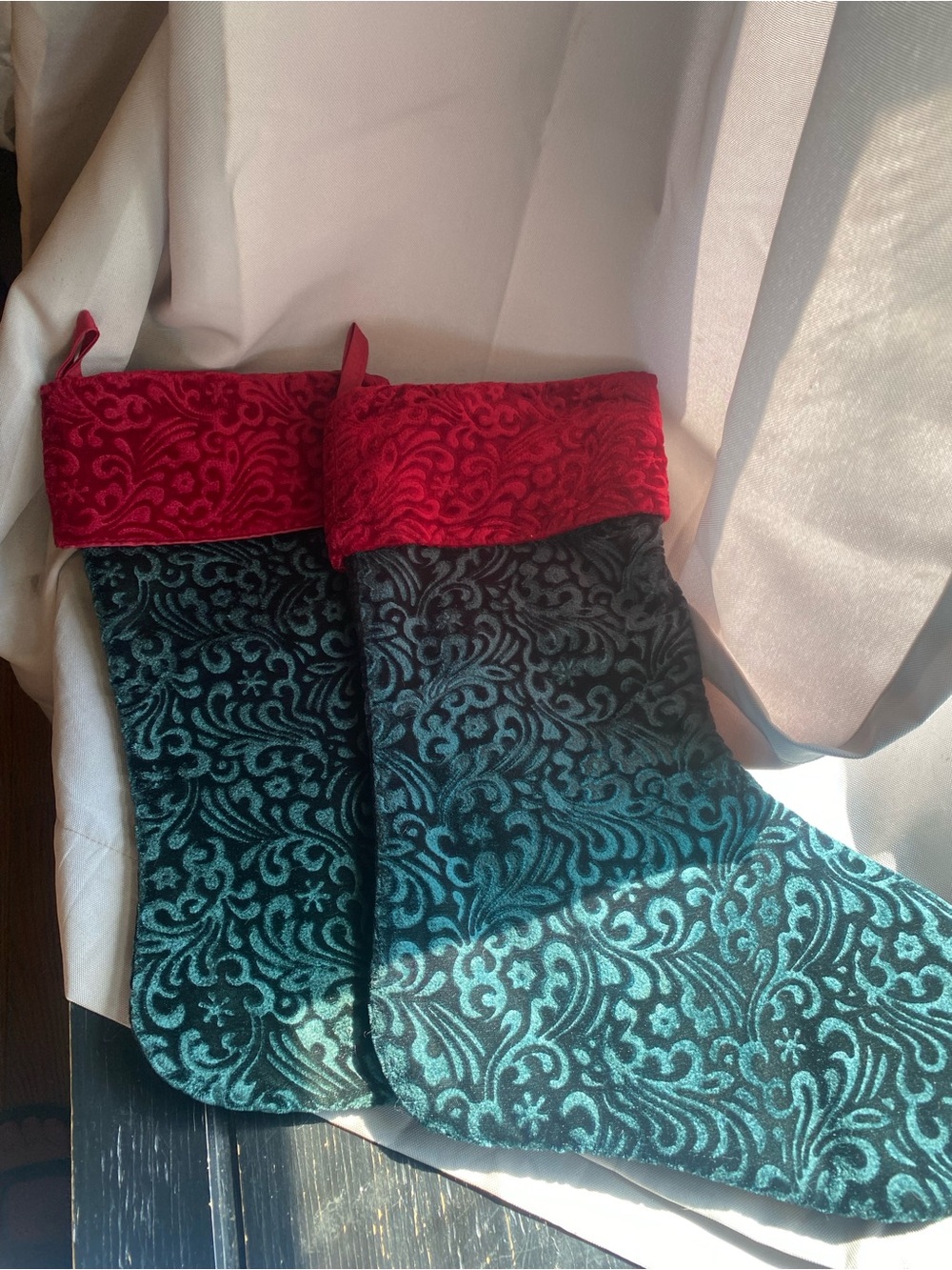 Holiday Velvet Brocade Stockings in Teal with Red Cuff